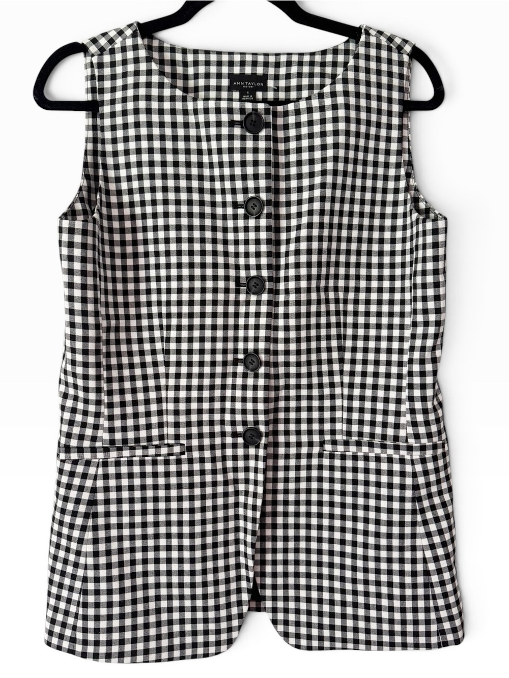 NWT Ann Taylor Black White Gingham Plaid Button Front Vest Size Small